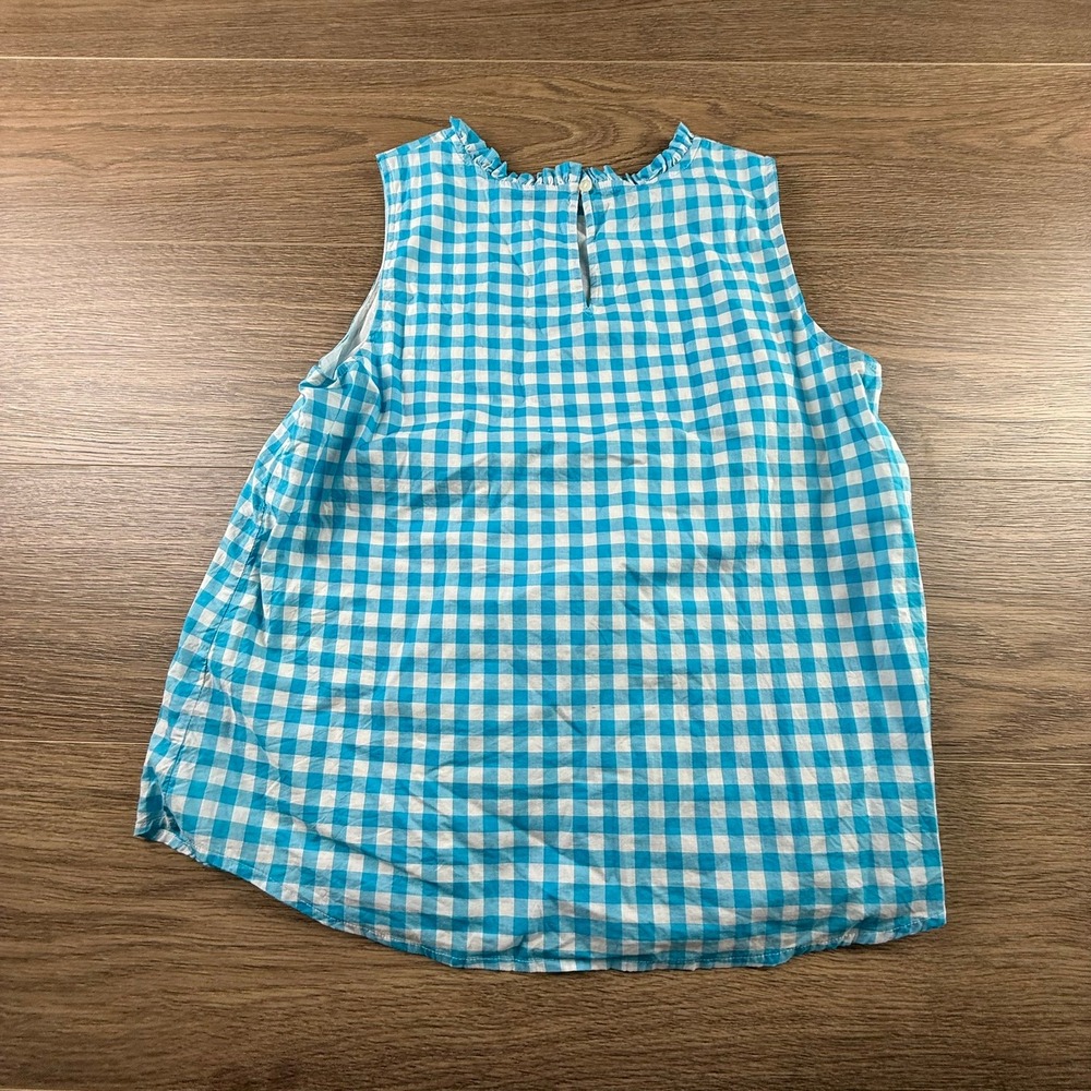 J. Crew Factory Women's Ruffle Neck Gingham Sleeveless Blouse Teal White Size S - Picture 9 of 11